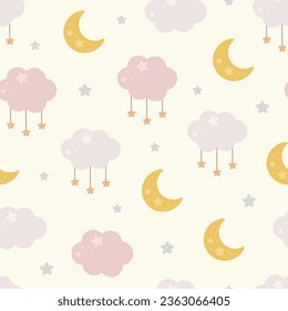 Moon, Sun, Cloud and Stars Cute Seamless Pattern, Cartoon Vector Illustration, Cute Kawaii Cartoon Drawn Background, Isolated Background