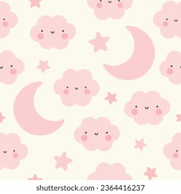 Moon, Sun, Cloud and Stars Cute Seamless Pattern, Cartoon Vector Illustration, Cute Kawaii Cartoon Drawn Background, Isolated Background