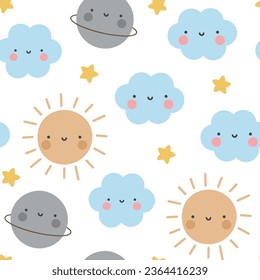 Moon, Sun, Cloud and Stars Cute Seamless Pattern, Cartoon Vector Illustration, Cute Kawaii Cartoon Drawn Background, Isolated Background