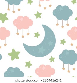 Moon, Sun, Cloud and Stars Cute Seamless Pattern, Cartoon Vector Illustration, Cute Kawaii Cartoon Drawn Background, Isolated Background