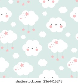 Moon, Sun, Cloud and Stars Cute Seamless Pattern, Cartoon Vector Illustration, Cute Kawaii Cartoon Drawn Background, Isolated Background