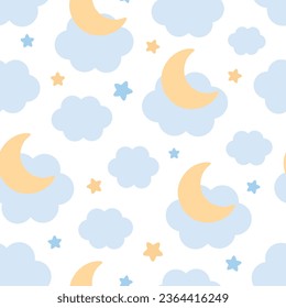 Moon, Sun, Cloud and Stars Cute Seamless Pattern, Cartoon Vector Illustration, Cute Kawaii Cartoon Drawn Background, Isolated Background