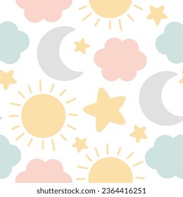 Moon, Sun, Cloud y Stars Cute Seamless Pattern, Cartoon Vector Illustration, Cute Kawaii Cartoon DrawBackground, Aislado Fondo