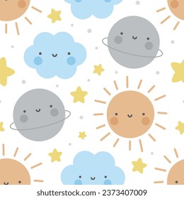 Mond, Sonne, Wolke und Stars Nahtlose Muster, Cartoon-Vektorgrafik, Cute-Kawaii-Cartoon-gezeichneter Hintergrund, isolierter Hintergrund
