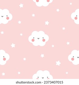 Moon, Sun, Cloud and Stars Cute Seamless Pattern, Cartoon Vector Illustration, Cute Kawaii Cartoon Drawn Background, Isolated Background