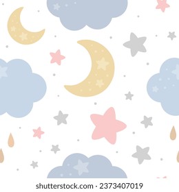 Moon, Sun, Cloud y Stars Cute Seamless Pattern, Cartoon Vector Illustration, Cute Kawaii Cartoon DrawBackground, Aislado Fondo