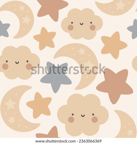 Moon, Sun, Cloud and Stars Cute Seamless Pattern, Cartoon Vector Illustration, Cute Kawaii Cartoon Drawn Background, Isolated Background