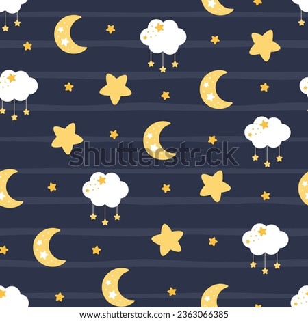 Moon, Sun, Cloud and Stars Cute Seamless Pattern, Cartoon Vector Illustration, Cute Kawaii Cartoon Drawn Background, Isolated Background