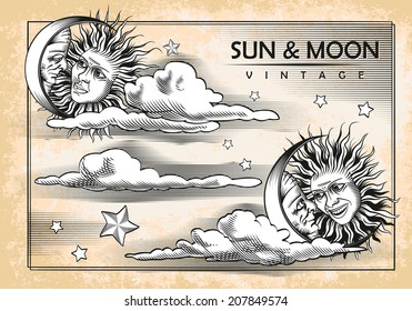 The moon, sun, clouds. Set of vintage elements. Vector