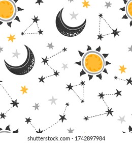 Moon and sun with constellations on a white background, illustration in Scandinavian style. Baby print, seamless pattern.