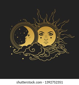 Moon and Sun, Day and Night. Vector hand drawn illustration