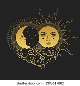 Moon and Sun, Day and Night. Vector hand drawn illustration