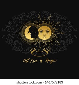 Moon and Sun, Day and Night. Vector hand drawn illustration in vintage style