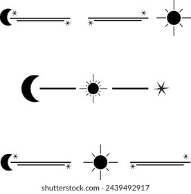 Divisores de luna y sol, divisores de párrafo y texto, bordes, marcos y separadores con luna creciente y estrellas
