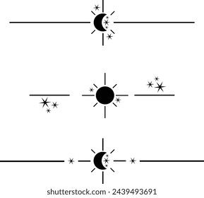 Moon and sun dividers, paragraph and text dividers, borders, frames and separators with crescent moon and stars