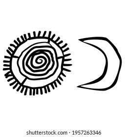 Moon and sun. Drawings of primitive people on stone. Illustration in ethnic style.