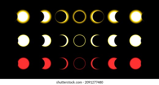 Moon and Sun eclipse phase set. Solar and Lunar yellow and red stages collection.