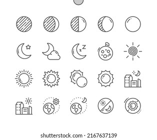 Moon and sun. Eclipse. Waning gibbous. Day and night. Sun orbits Earth. Pixel Perfect Vector Thin Line Icons. Simple Minimal Pictogram