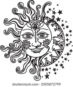 Moon And Sun Elements, Sun Drawing, Sun Sketch, Moon
