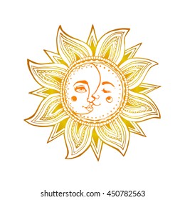 moon and sun face decorative hand drawn illustration