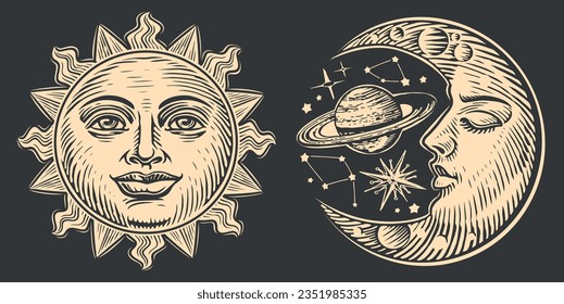 Moon and Sun with face stylized as engraving. Day and night. Hand drawn vector illustration astrology
