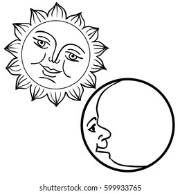 Moon and Sun with faces day and night symbols.