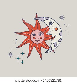 Moon and sun faces. Doodle space print in whimsical boho style. Sunshine and crescent cosmic symbols. Vector illustration for poster, leaflet, tattoo, cover design.