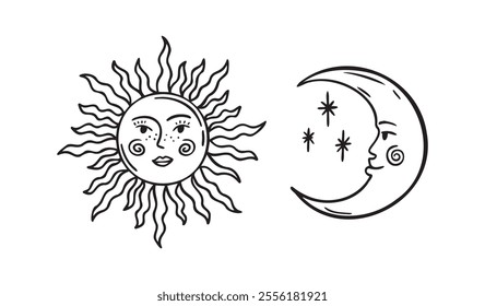 Moon and sun faces outline, set of beautiful mystical cartoon doodle elements, sunshine and crescent cosmic symbols. Sun and moon whimsical boho style. Vector illustration