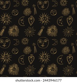 Moon and sun faces seamless pattern, black gold beautiful mystical cartoon doodle elements in whimsical boho style, sunshine and crescent space cosmic symbols