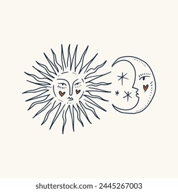 Moon and sun faces, set of beautiful mystical cartoon doodle elements in whimsical boho style, sunshine and crescent space cosmic symbols. Design elements for posters, leaflets, tattoos, stickers and