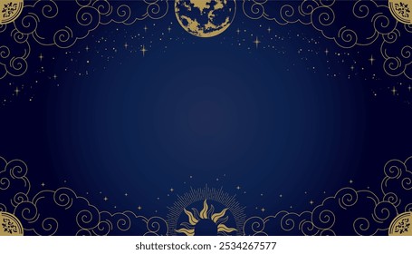 Moon and sun gold frame, mystical astronomy design,16:9 background