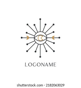 Moon Sun gold Mystical logo. Vector Illustration. Minimalist Line art Style. Boho, Esoteric. Bohemian Logo Designs.