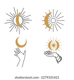 Moon Sun gold Mystical logo. Vector Illustration. Minimalist Line art Style. Boho, Esoteric. Bohemian Logo Designs.