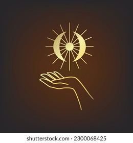 Moon Sun gold Mystical logo. Vector Illustration. Minimalist Line art Style. Boho, Esoteric. Bohemian Logo Designs.