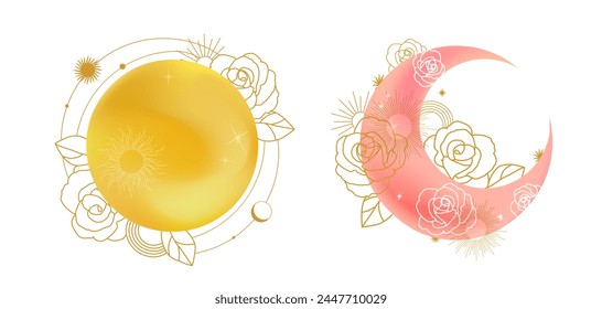 Moon and sun with gold roses and celestial symbols. Vector illustration.	