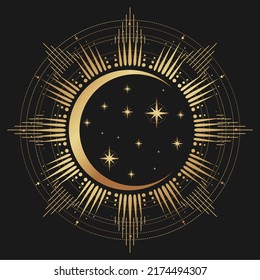 Mond und Sonne im goldenen Logo. Mondvektor. Vektorgrafik-Element. Kollektion, einzelne Vektorgrafik. Boho Tattoo Art. Line Art Stil.