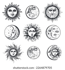 Moon and sun, hand drawing in engraving style set. Vector graphic retro illustration. Vintage pastiche of esoteric and occult sign collection.