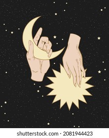 Mond und Sonne in der Hand auf Sternenhintergrund, HimmelsVektorgrafik, Magie