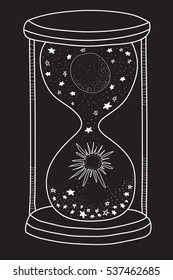 The moon and sun in hourglass with black background,vector