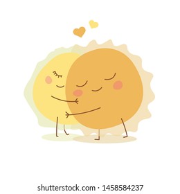 The moon and sun are hugging. Vector illustration.