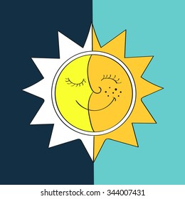 Moon and sun icon. Doodle vector illustration. 