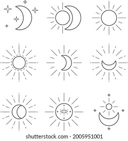 Moon and sun icons pack. Magical crescent moon and shining sun line objects set. Isolated occult design elements bundle