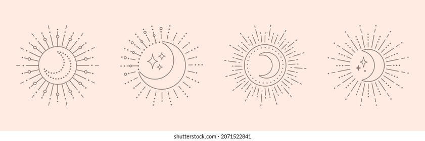 Moon sun line art vector. Boho sun logo, outline moon vector icon