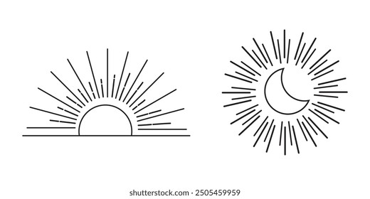 Moon sun line art vector. Boho sun logo, outline moon vector icon