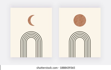 Moon and sun with lines wall art print. Boho mid century design posters
