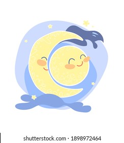 Moon and Sun in love happy together. Cute ronamtic vector illustration, kawaii characters isolated on white background. Design element for Valentine's day or wedding.