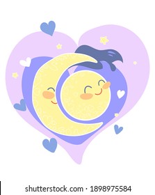 Moon and Sun in love happy together. Cute ronamtic vector illustration, kawaii characters isolated on white background. Design element for Valentine's day or wedding, hearts and stars.