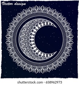 Moon and sun with mandala ornament. Illustration isolated on the background of the night starry sky. Hand drawn. Ethnic Mandala ornament. Oriental pattern, Islam, Arabic, Indian motifs.