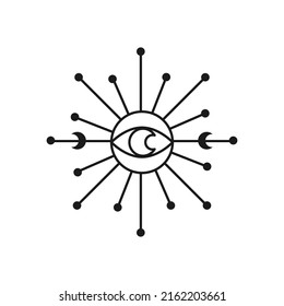 Moon Sun Mystical logo. Vector Illustration. Minimalist Line art Style. Boho, Esoteric. Bohemian Logo Designs.