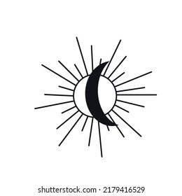 Moon Sun Mystical logo. Vector Illustration. Minimalist Line art Style. Boho, Esoteric. Bohemian Logo Designs.